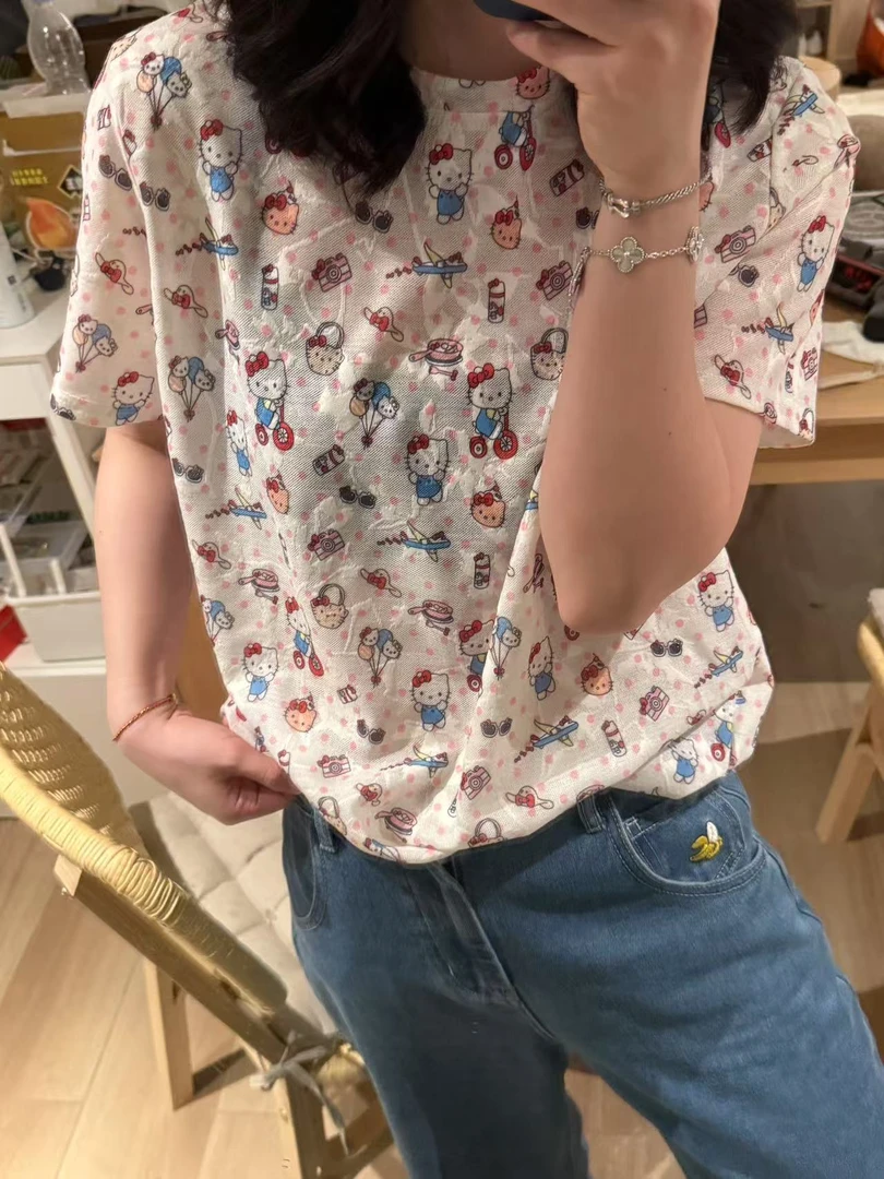 Sevbasks 七七家 韩版东大门满印花棉纱hello kitty猫碎花半袖