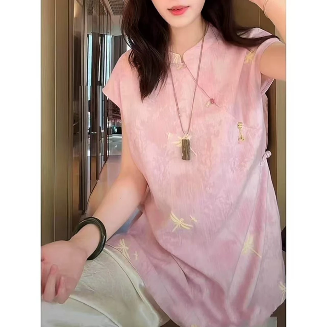 夏季新款提花蜻蜓圆领夏季新中式短袖复古风女装女士上衣1456
