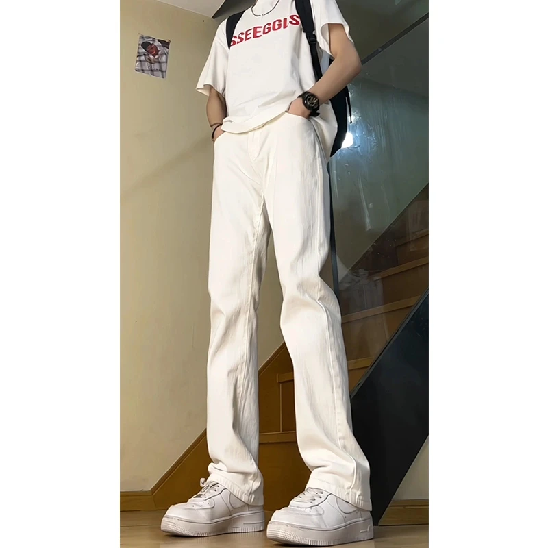 弯刀白色男生牛仔裤夏季vibe高街裤子cleanfit修身显瘦直筒裤潮牌