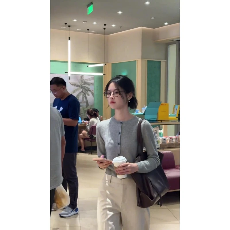 MARIE.COCO韩系灰色圆领长袖针织开衫上衣女秋季时髦休闲裤两件套