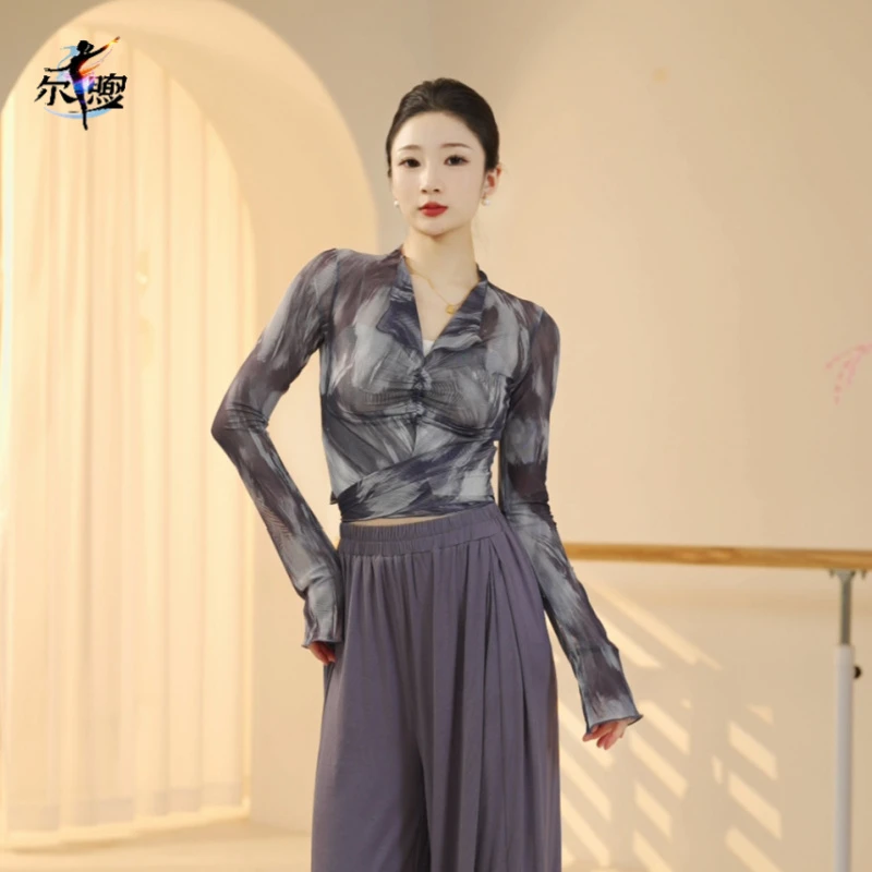 古典舞蹈服套装女新款古风弹力网纱上衣中国舞训练形体练功服纱衣