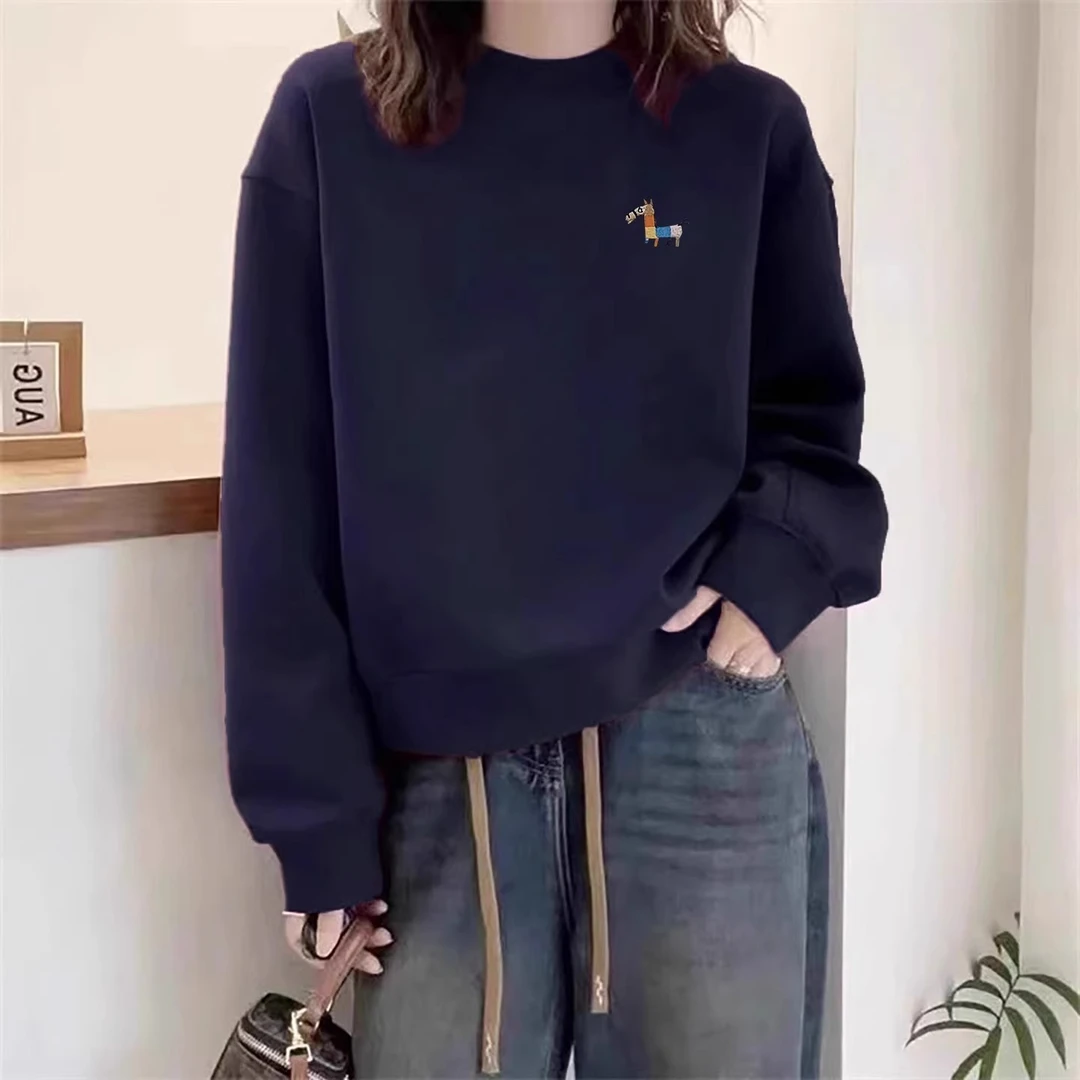 欧货时尚藏青色纯 棉短款圆领卫衣女秋冬新款小个子洋气印花上衣