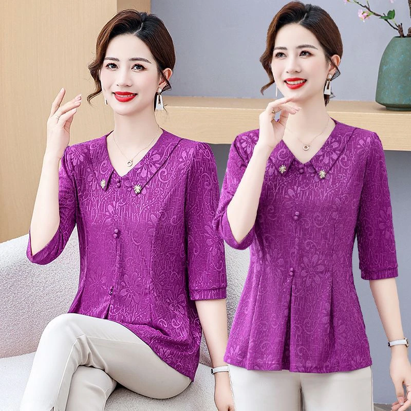 夏季气质新款打底小衫中年时尚遮肉显瘦洋气妈妈夏装中袖T恤上衣