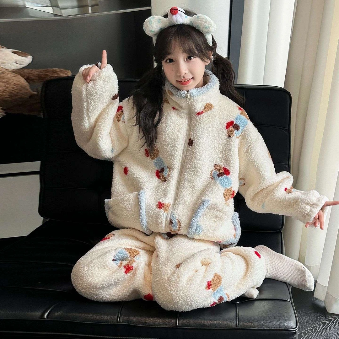 女童家居服秋冬珊瑚绒法兰绒儿童中大童女孩加厚保暖睡衣套装
