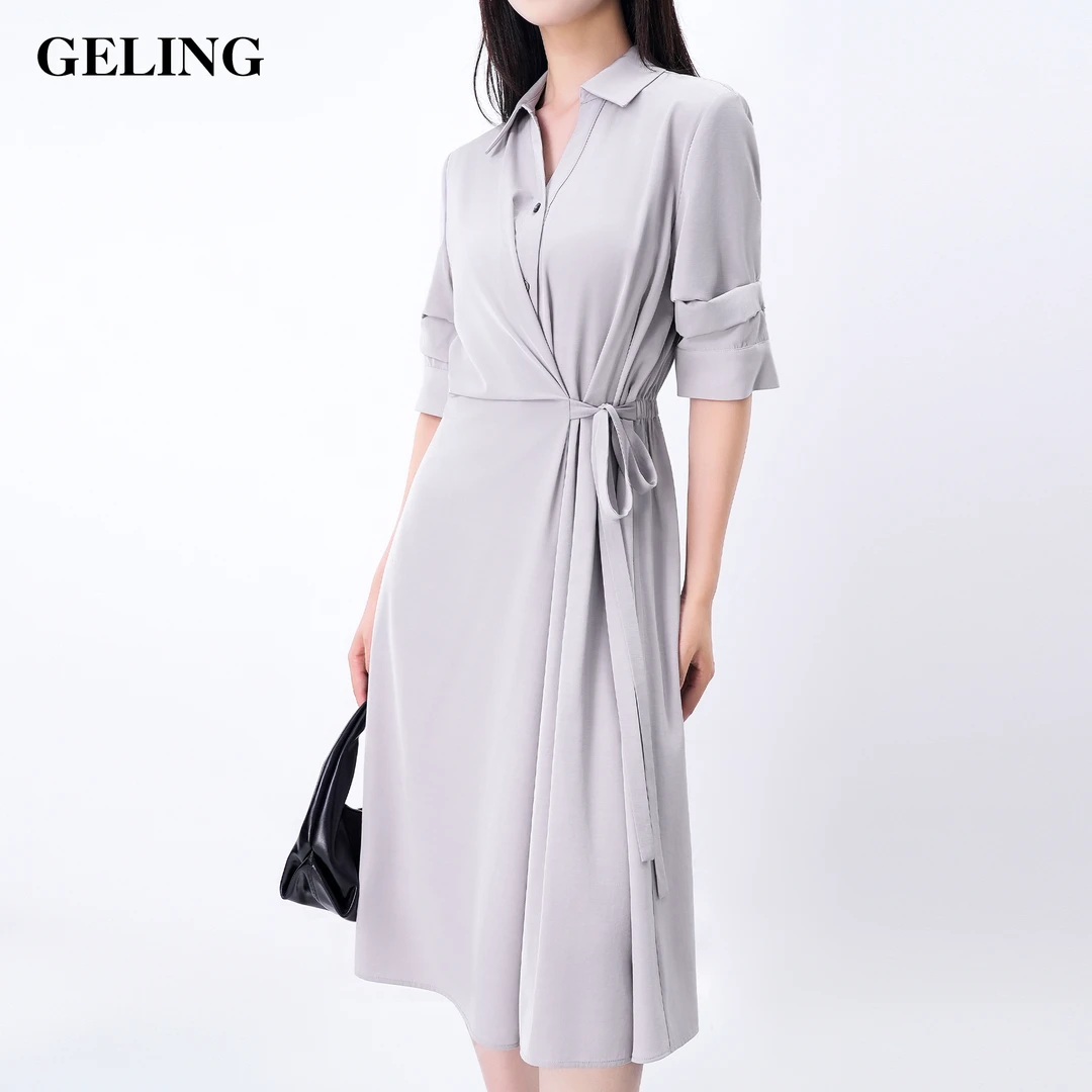 GELING/歌&玲气质时尚修身白色翻领连衣裙夏季显瘦裙子G502W205L