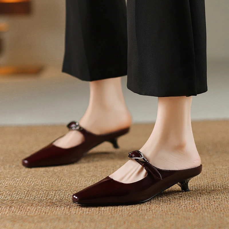 真皮小跟包头半拖女2025新款夏季外穿细低跟凉拖鞋懒人穆勒鞋猫跟