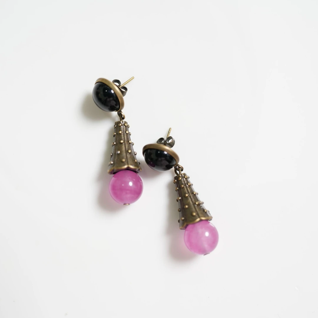 铜合金琉璃耳饰 5240西洋中古风 vintage复古做旧粉色耳环