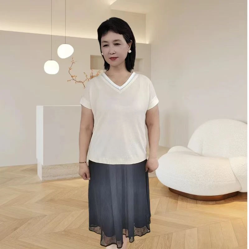 莱赛尔天丝假两件短袖T恤V 领套头宽松休闲百搭减龄夏薄拼色上衣