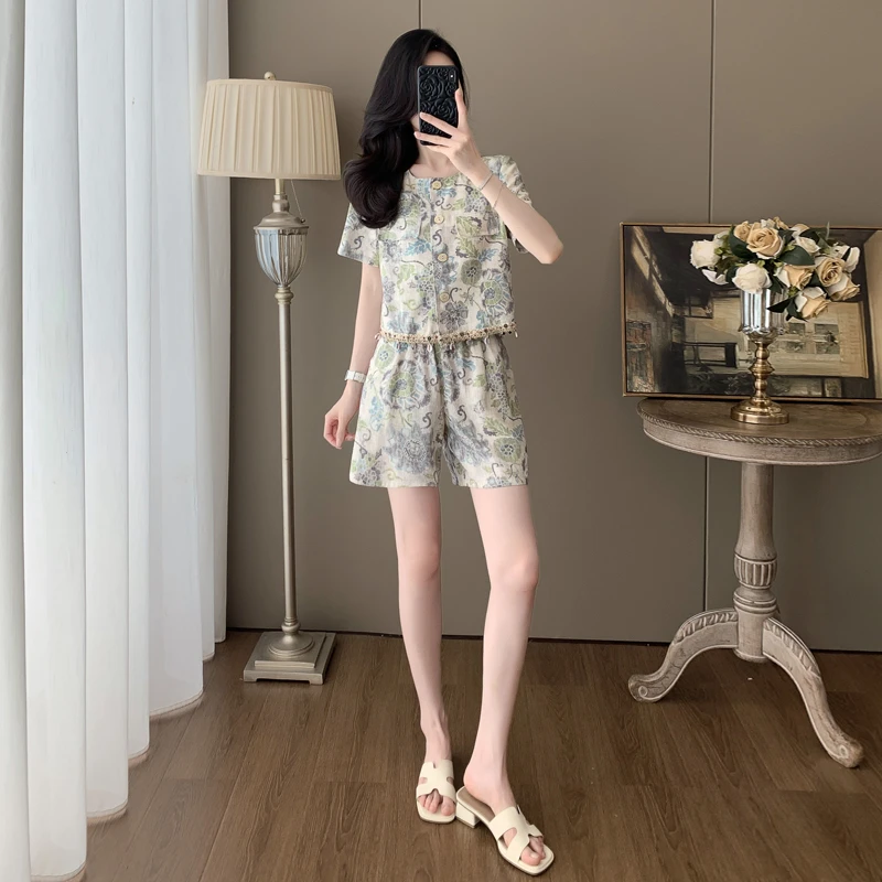 夏季小香风显瘦休闲风法式薄款短裤套装休闲提花减龄可爱风两件套