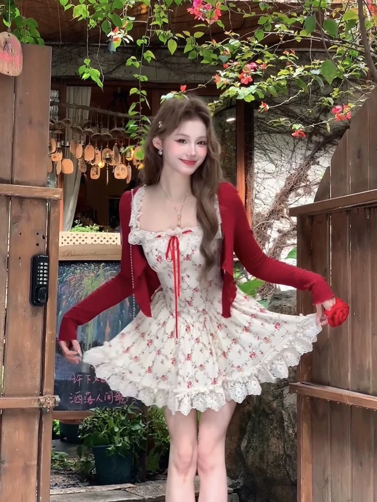 【源头厂家】胖mm初恋风法式花边吊带连衣裙甜辣碎花大码连衣裙