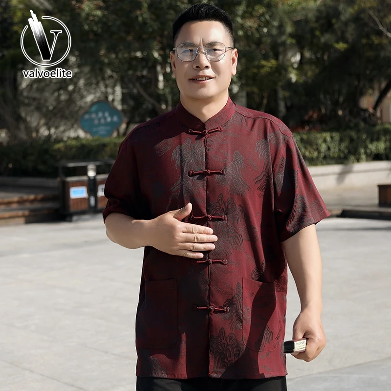 VALVOELITE男中老年人夏季桑蚕丝短袖爸爸冰丝套装爷爷国风唐汉服