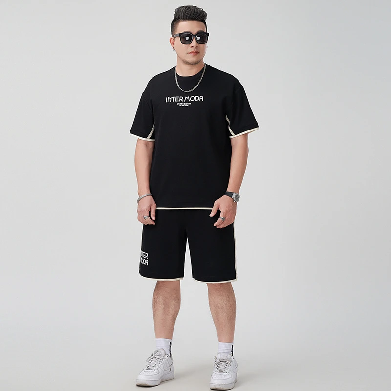 大码男装夏季一整套字母发泡印花短袖短裤休闲套装男200-300斤