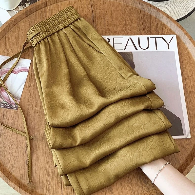 新中式仿醋酸肌理感轻奢双缎面冰氧吧小个子垂感阔腿裤