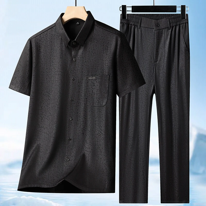 爸爸夏装短袖衬衫套装男士中老年人2025年新款爷爷冰丝两件套衣服