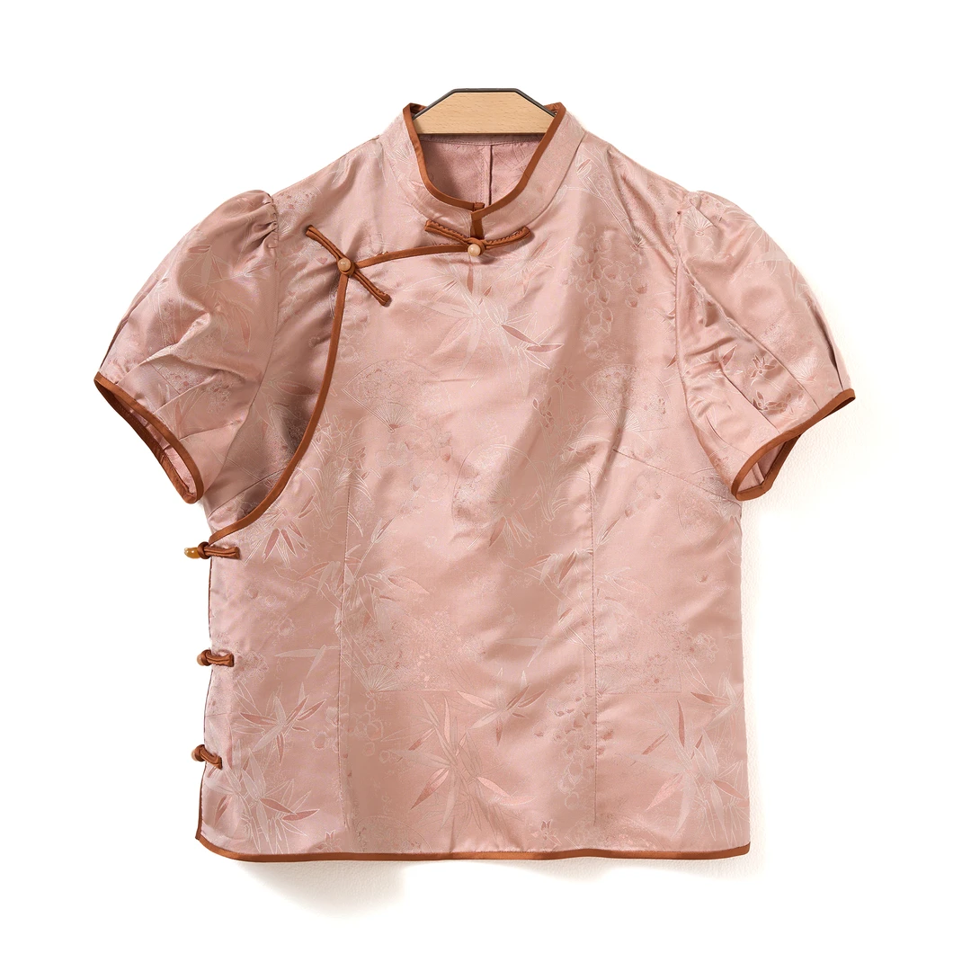 『绮翎Elegany 』非遗蜀锦泡泡袖春夏款国风立领桑蚕丝高定上衣