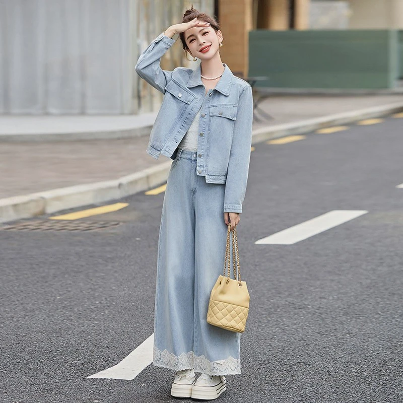 港风复古时尚套装女2025春新款超火蕾丝拼接休闲牛仔阔腿裤两件套