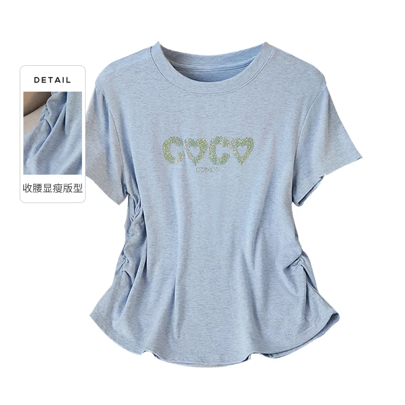 她池2025夏季新款时尚字母烫钻抽褶修身短袖洋气衣服女T42X2298T