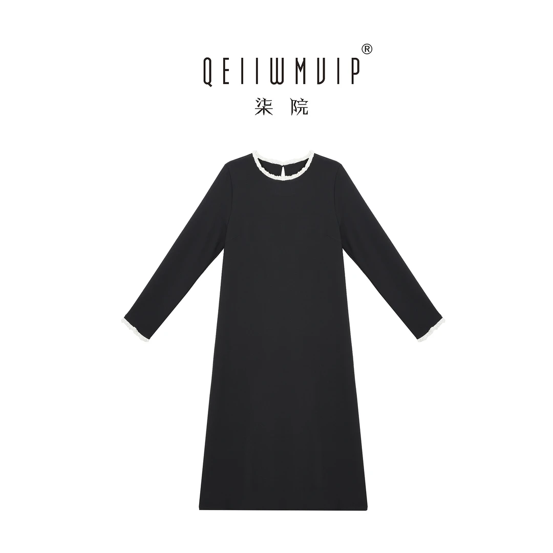 QEIIWMVIP/柒院秋季气质圆领花边宽松显瘦拼接优雅百搭连衣裙7099