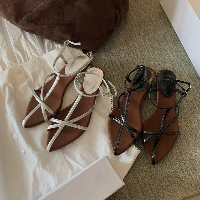 葡萄家~夏季新款羊皮版法式交叉细带优雅尖头露趾罗马凉鞋女春夏