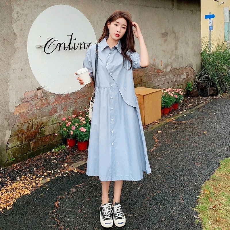 【洋洋】夏季POLO领双排扣大码连衣裙高腰灯笼袖简约风A2B2L2582