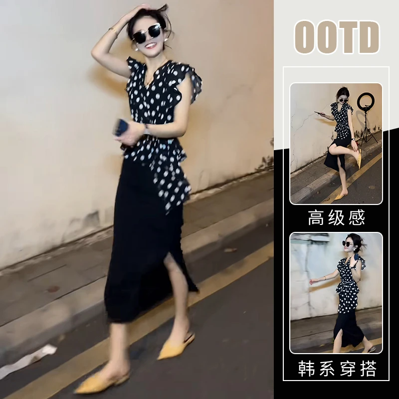 2025时尚气质修身波点衬衫高腰黑色开叉半身裙港风显瘦套装潮