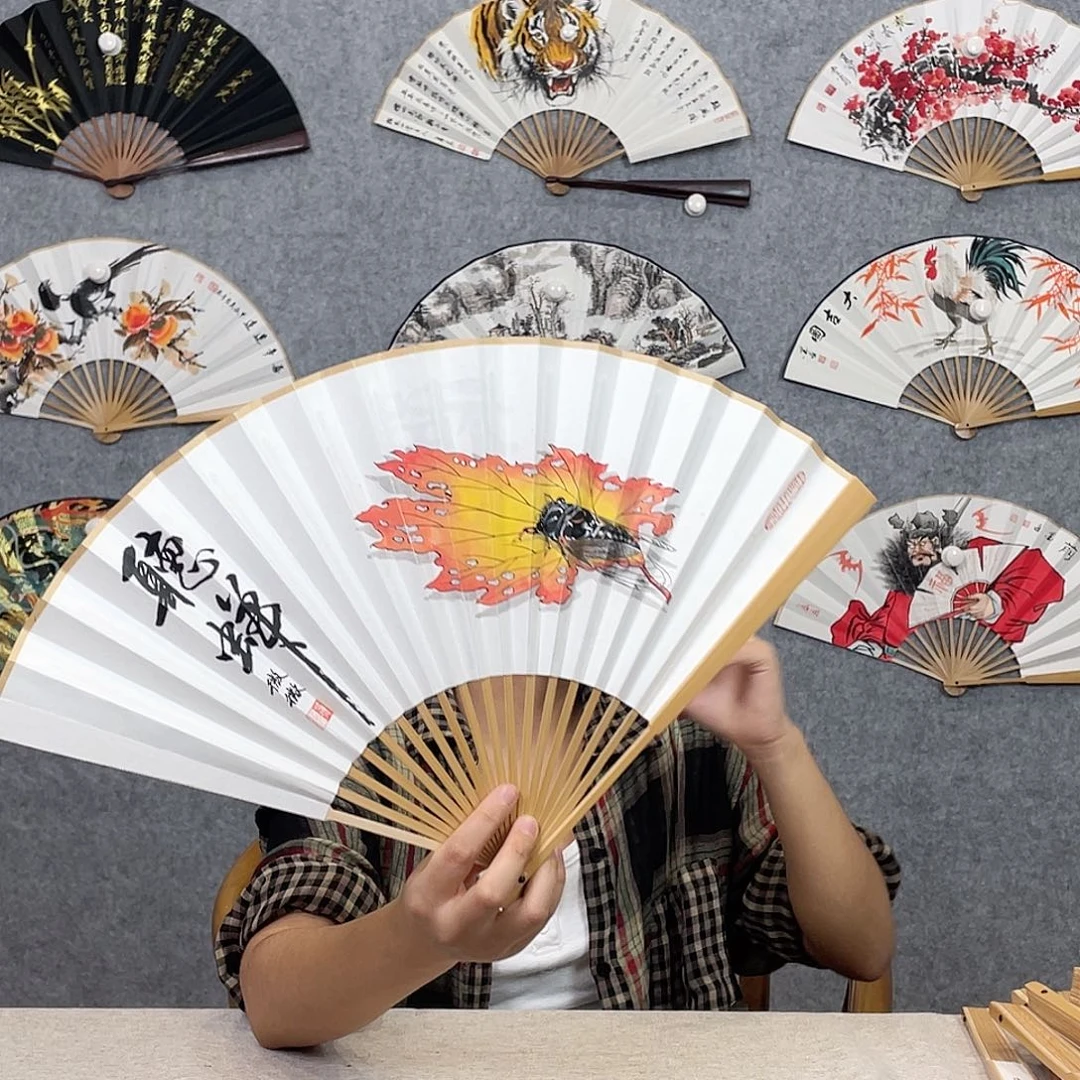 国画95寸水磨玉竹纯手绘-文玩扇骨（默认粘好）