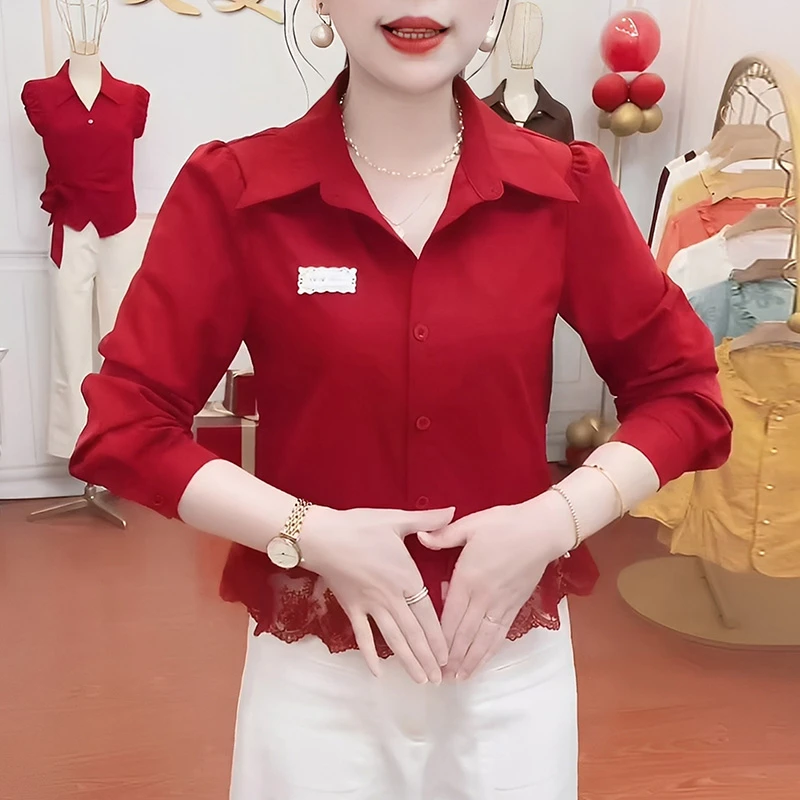 小个子气质衬衫女士春秋新款蕾丝拼接短款上衣时尚百搭长袖衬衣