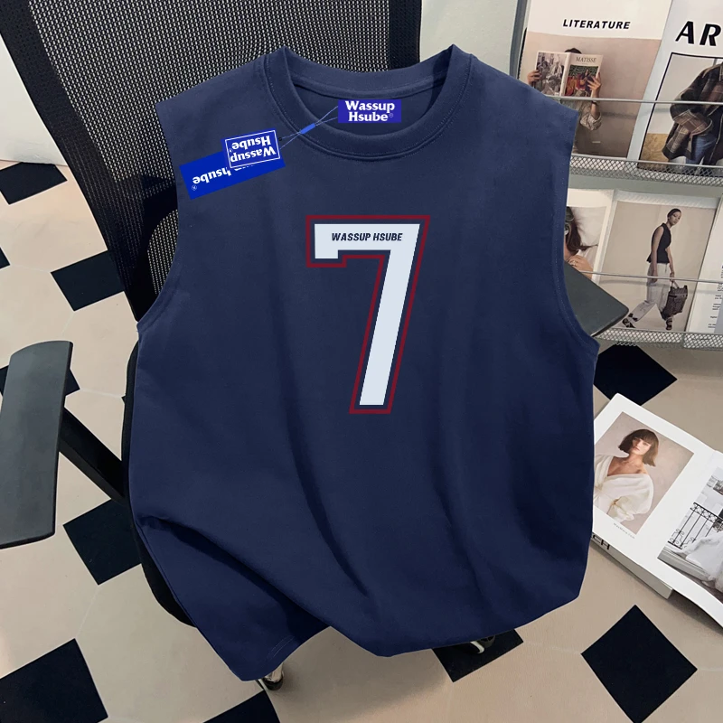 WASSUP HSUBE重磅纯棉背心t恤男夏季上衣美式数字复古简约休闲
