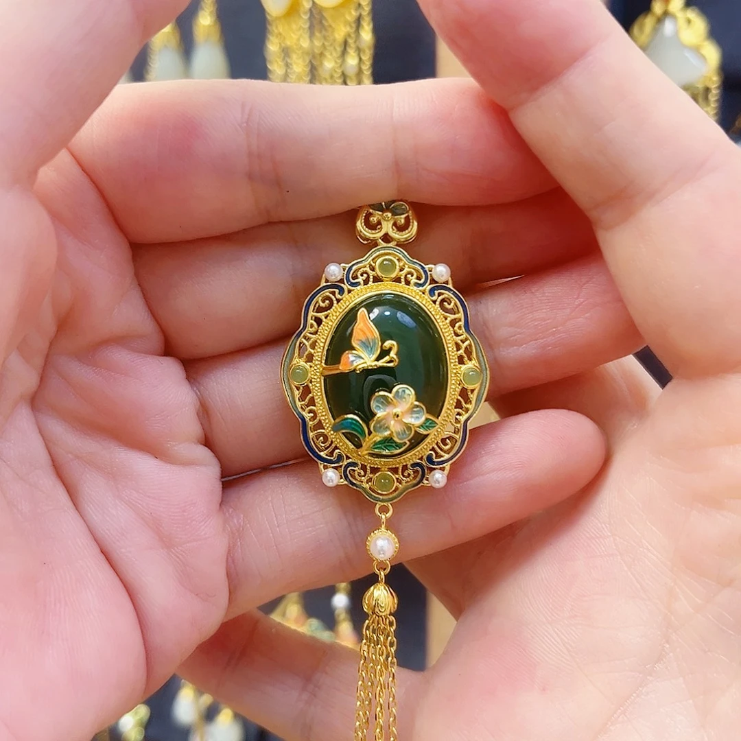 和田玉银S925镀金镶嵌颈饰