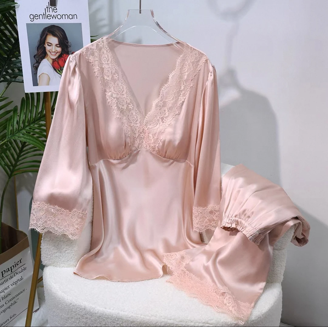 【桑蚕丝源头工厂】100%桑蚕丝带胸垫家居服睡衣两件套套装D-104
