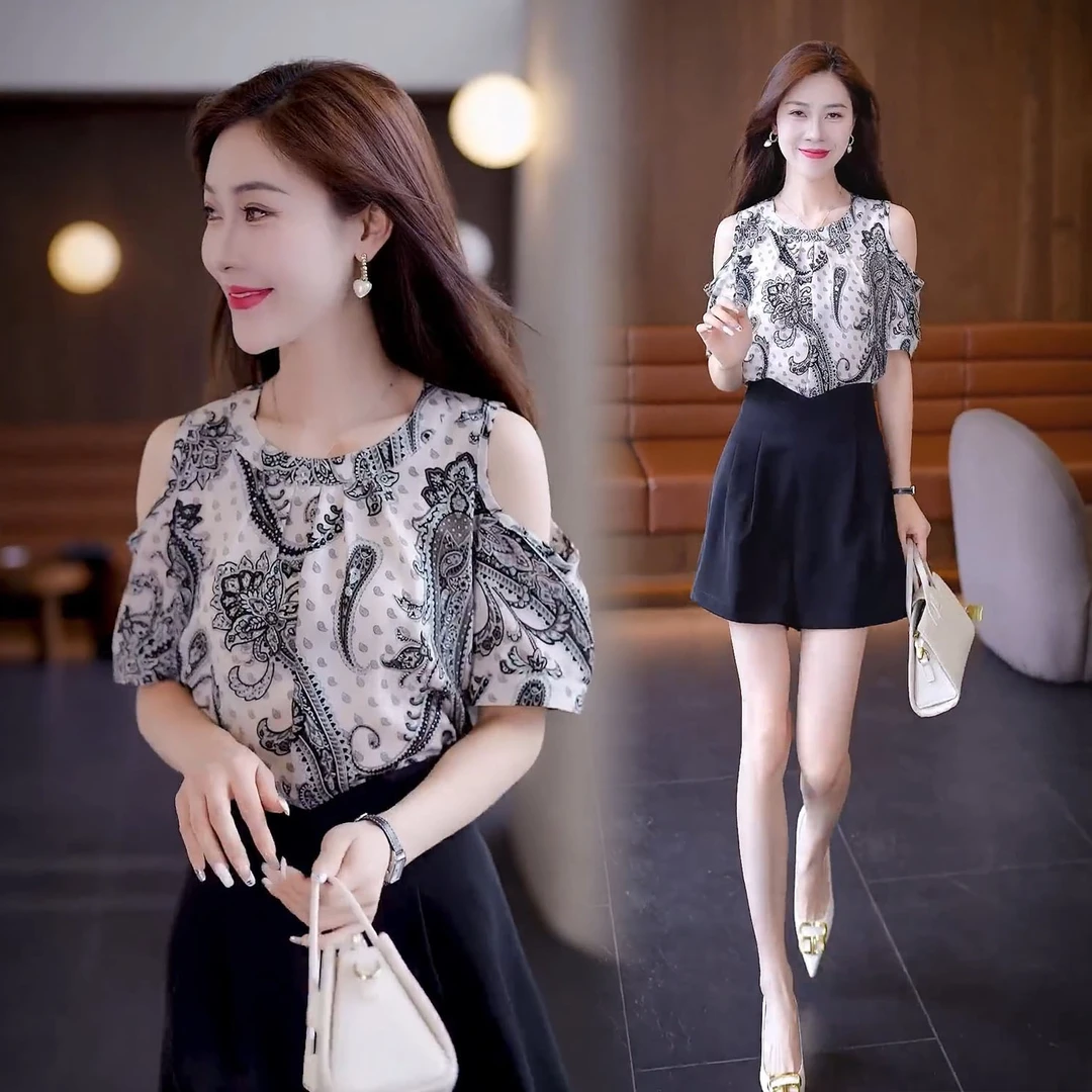 夏季静奢风雪纺衫圆领显瘦时尚衬衫宽松型小衫常规款气质露肩上衣