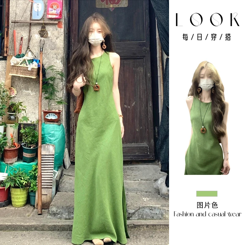 法式绿色无袖背心连衣裙子女夏季2025新款爆款海边度假小个子长裙