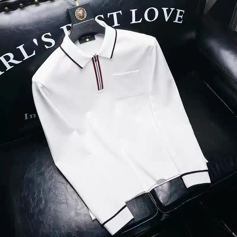 泰维肯戈时尚秋冬季半拉链白色翻领polo衫男士修身长袖t恤男潮