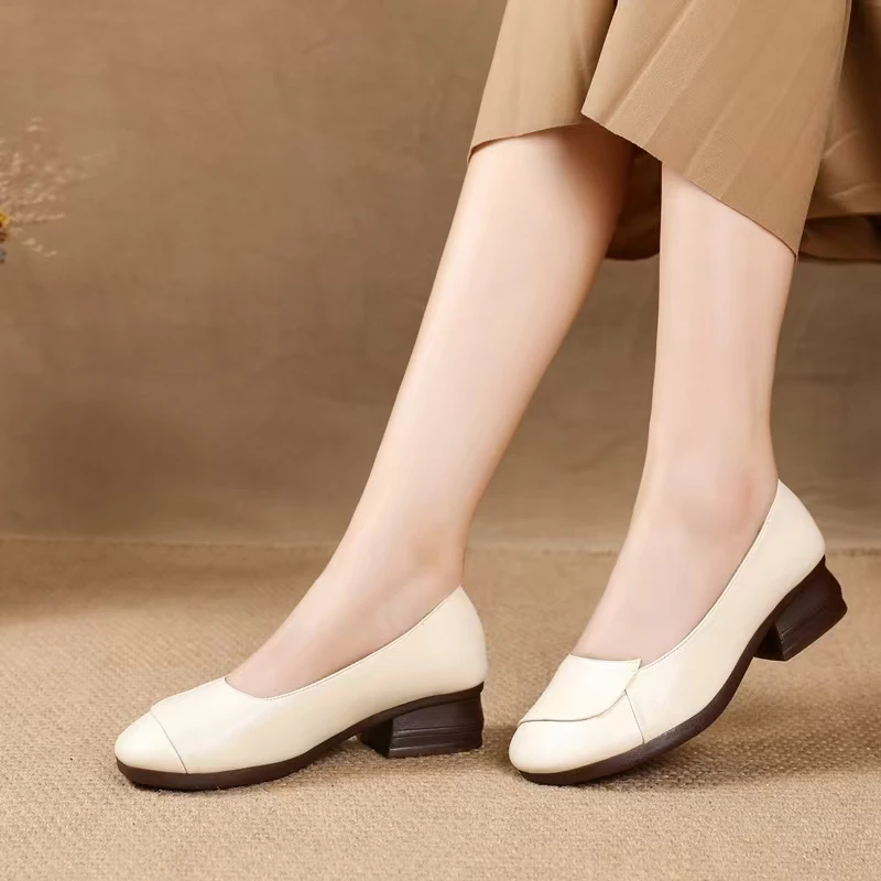 367-7米白色中跟真皮妈妈鞋断码清仓热销