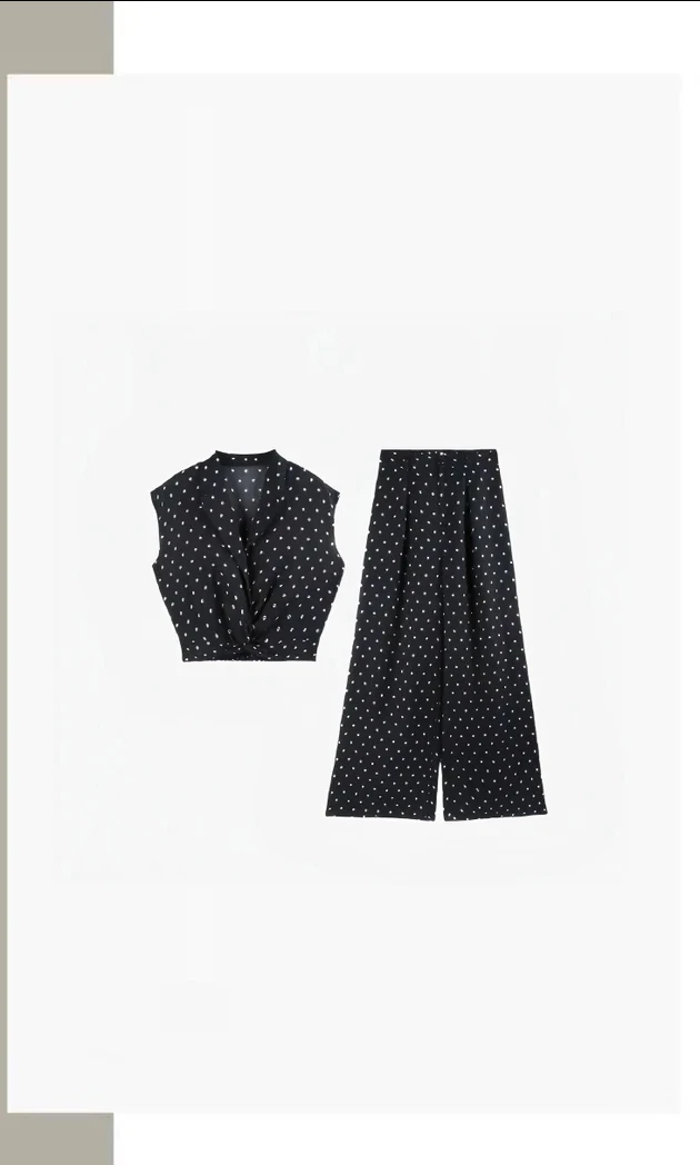 100%苎麻植物印染波点优雅洋气上衣加长裤两件套