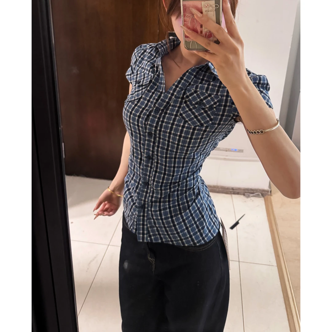 WSMY条纹口袋衬衫短袖显瘦气质短款夏季复古修身格子格纹设计感