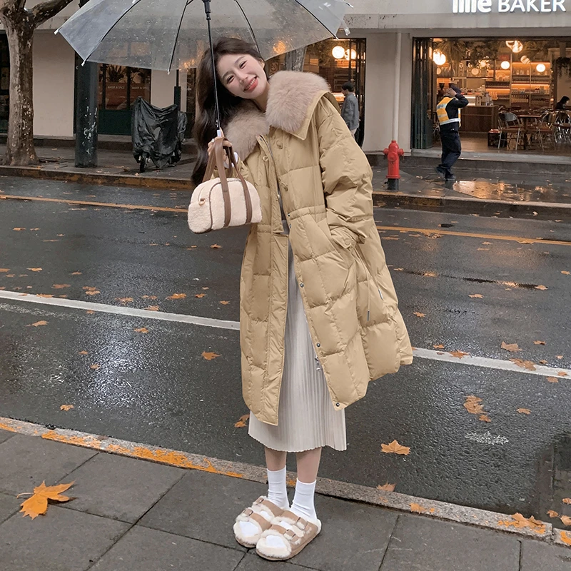 设计感超好看大毛领羽绒服女2025冬新款韩系收腰中长款白鸭绒外套