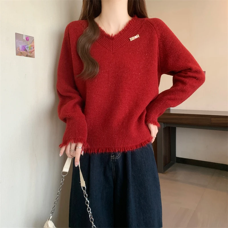 秋冬红色百搭重工亮丝V领毛衣上衣套头宽松显瘦加厚流苏针织衫女