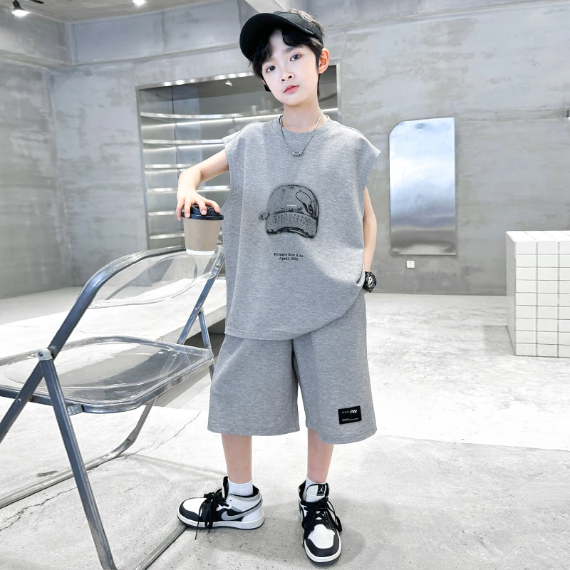 男童夏季无袖背心套装2025新款夏装中大儿童男孩薄款网红炸街潮酷