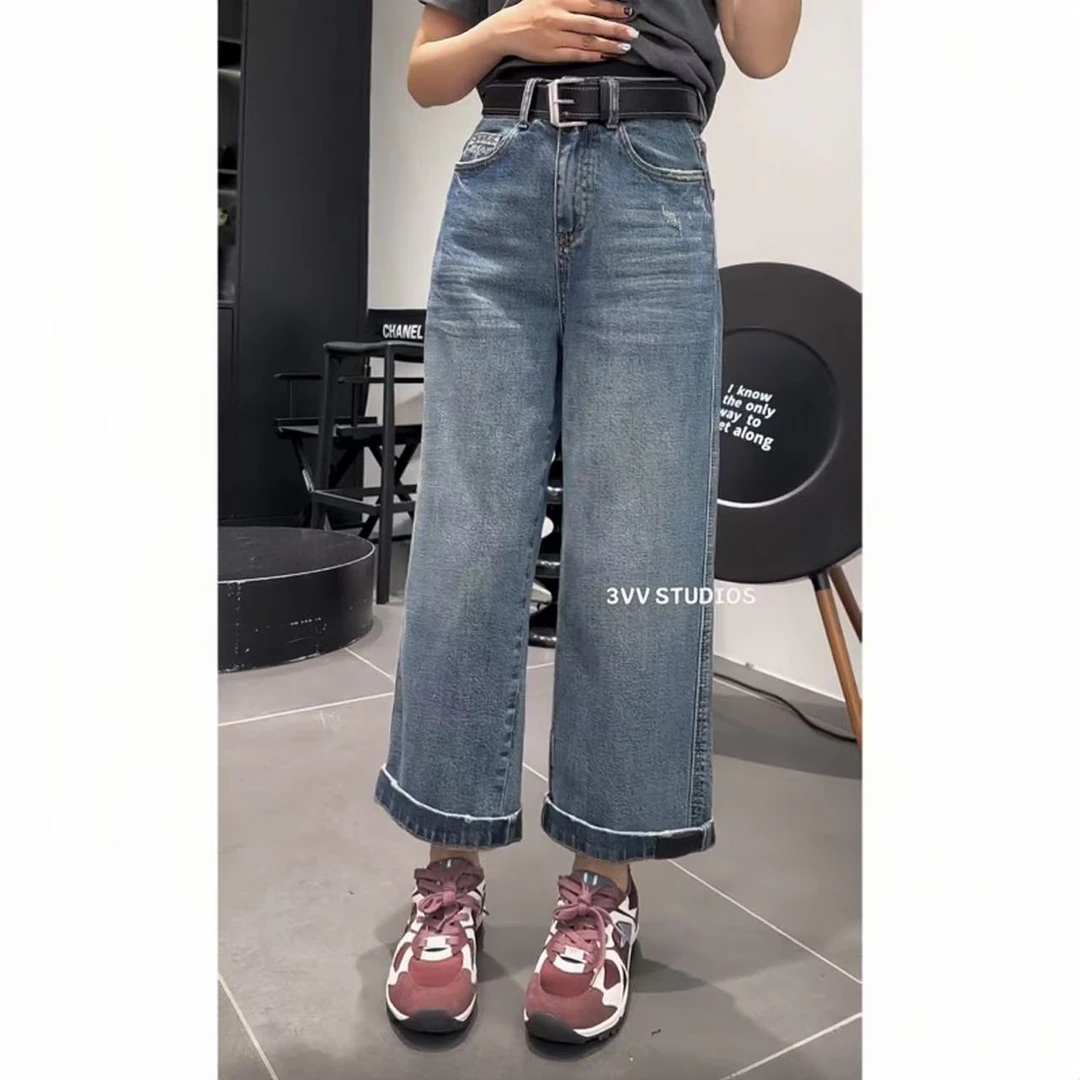 飞芊娅春季新款爆款高腰直筒牛仔裤梨形身材显瘦小个子九分法棍裤