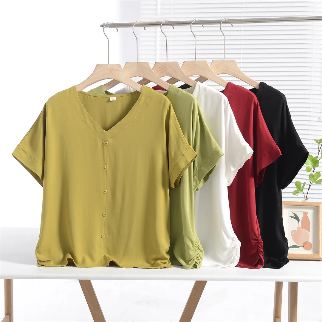 薄款休闲棉绸上衣女夏季宽松V领t恤人造棉短袖时尚百搭衬衫