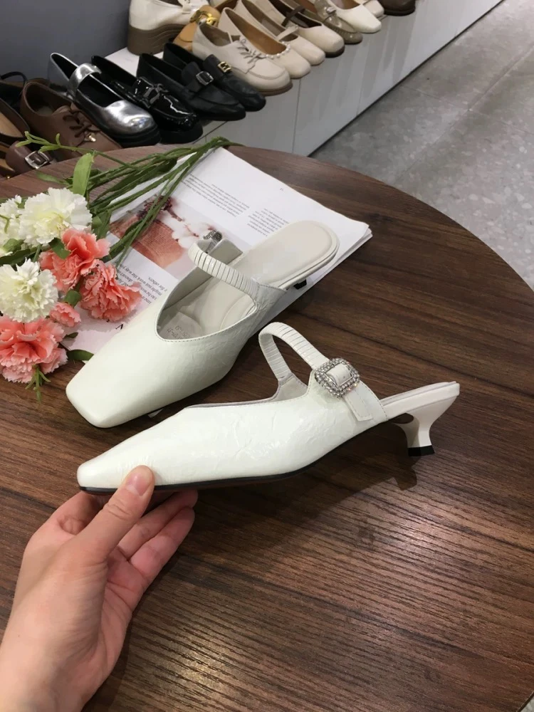 牛皮包头半拖鞋女2025新款夏季复古玛丽珍女鞋时尚外穿猫跟凉拖鞋