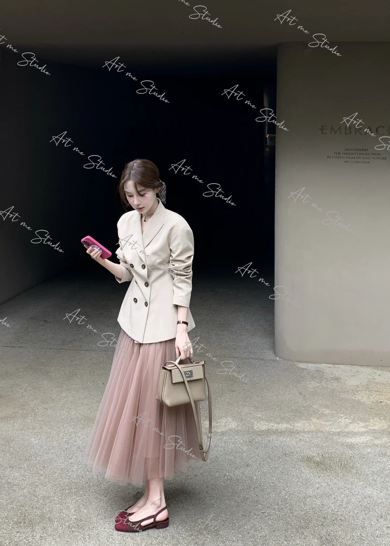 干枯玫瑰复古定染色飘飘纱芭蕾美学感优雅双层藏肉半裙w1831j2