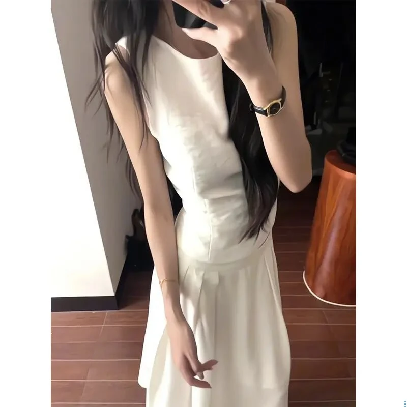 韩版松弛感老钱风时尚显瘦套装U领无袖显瘦背心上衣半身裙长裙女