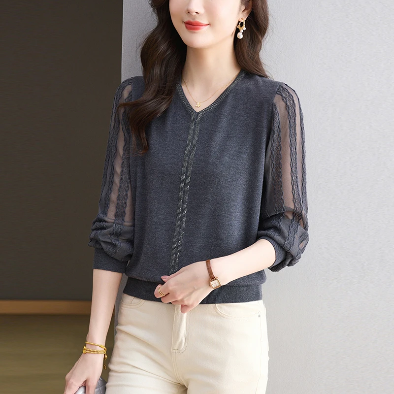 2025春秋新款V领薄款长袖针织衫女镶钻气质大码百搭显瘦秋季上衣