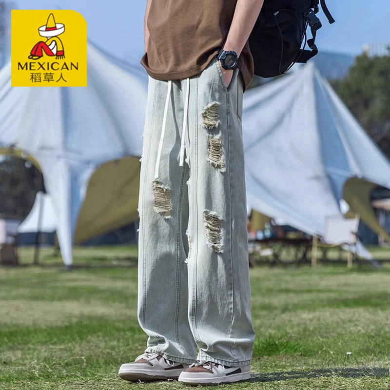 Mexican/稻草人破洞牛仔裤男生春秋新款潮牌宽松直筒阔腿休闲长裤