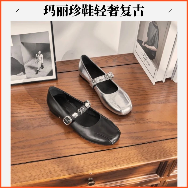 平底法式增高复古轻奢女士玛丽珍夏天浅口单鞋粗跟真皮夏季方头