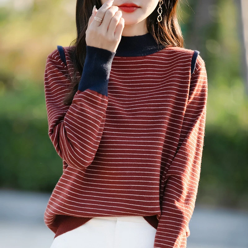 撞色半高领条纹拼色长袖针织安迪绒上衣24欧货秋冬新款内搭打底衫