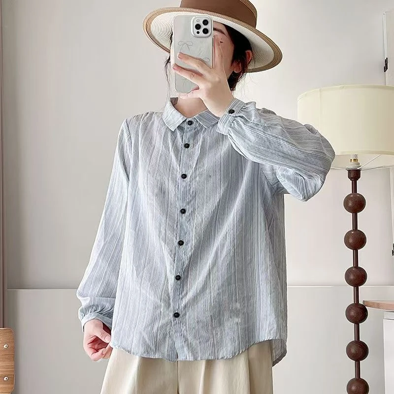 法式通勤蓝色条纹衬衫宽松慵懒风复古减龄休闲上衣176