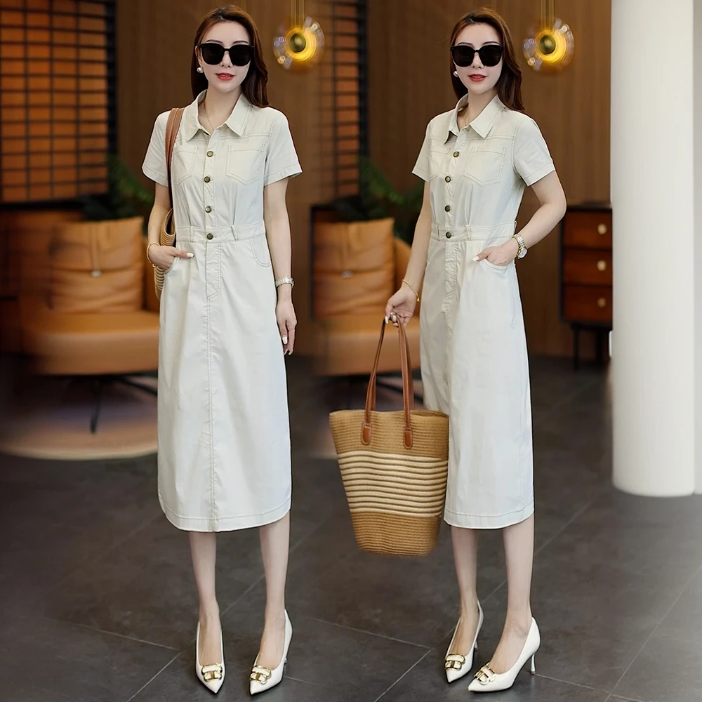 时尚短袖连衣裙女2025夏季新款收腰减龄气质POLO翻领显瘦工装裙子